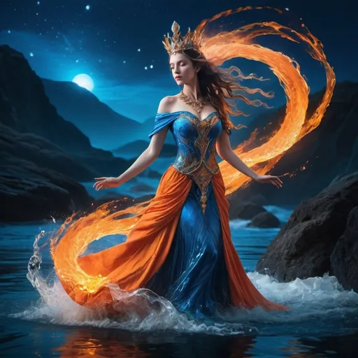 Prompt: (queen of water), (magical and powerful), dynamic fire effects, ethereal aura, vibrant blue and fiery orange contrast, enchanting water elements swirling around, intricate royal attire, dramatic pose, mystical landscape backdrop, twinkling stars in the night sky, (ultra-detailed), captivating and dynamic atmosphere, (highly imaginative).