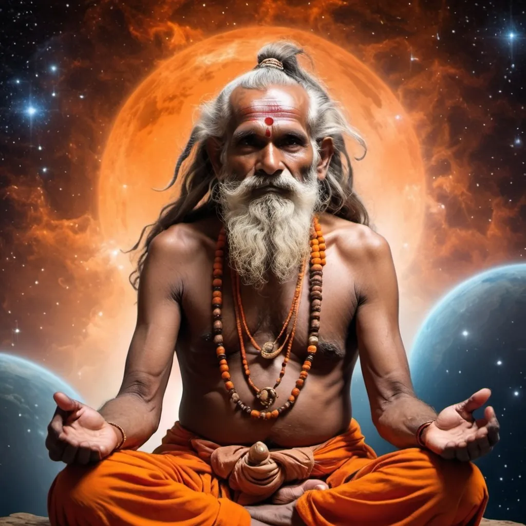 Prompt: old Indian magical sadhu meditating in the silence of the mighty universe. sadhu adorned with orange dhoti and background mighty and magical universe filled with superlative power of mystery 