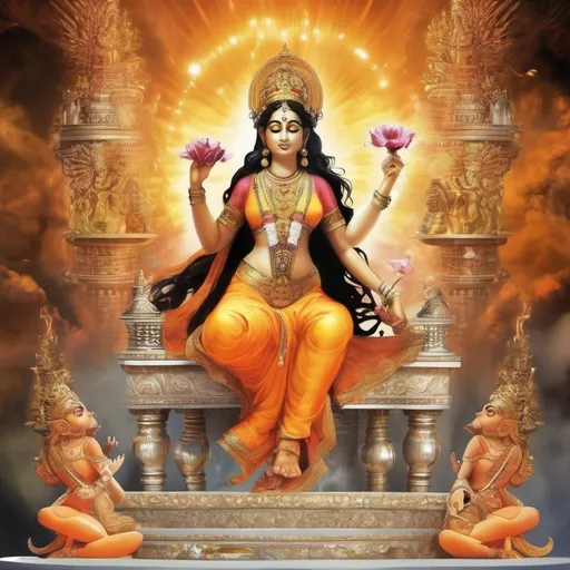 Prompt: show a Hindu goddess in heaven sitting on her throne using her magic