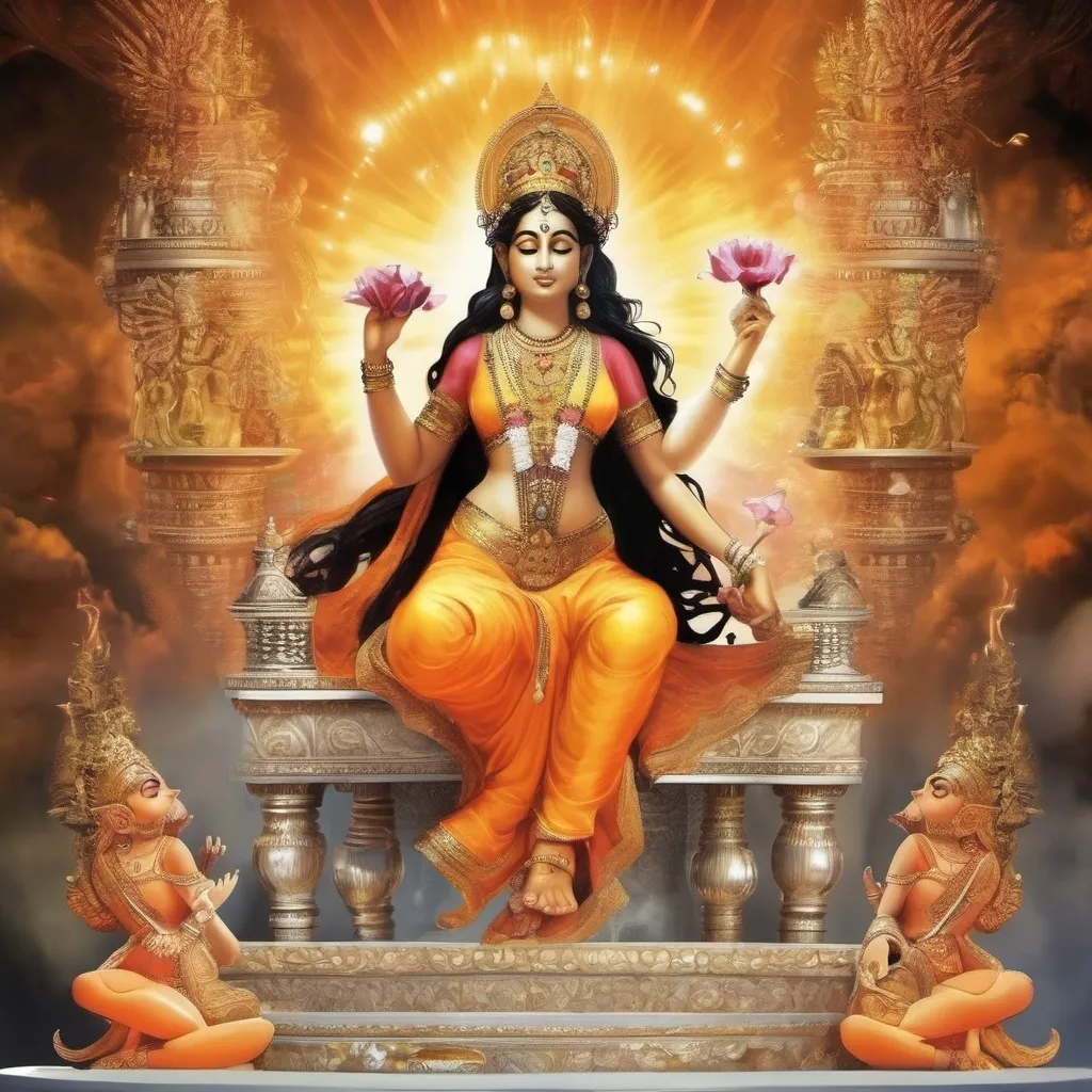 Prompt: show a Hindu goddess in heaven sitting on her throne using her magic