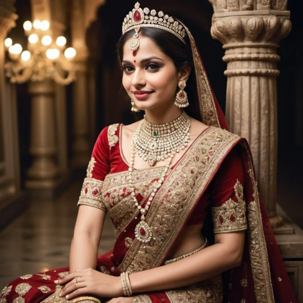 Prompt:  show a queen who is rich and the most beautiful in India.  show her to wear beautiful clothes and she should be adorned with the most precious jewels. 