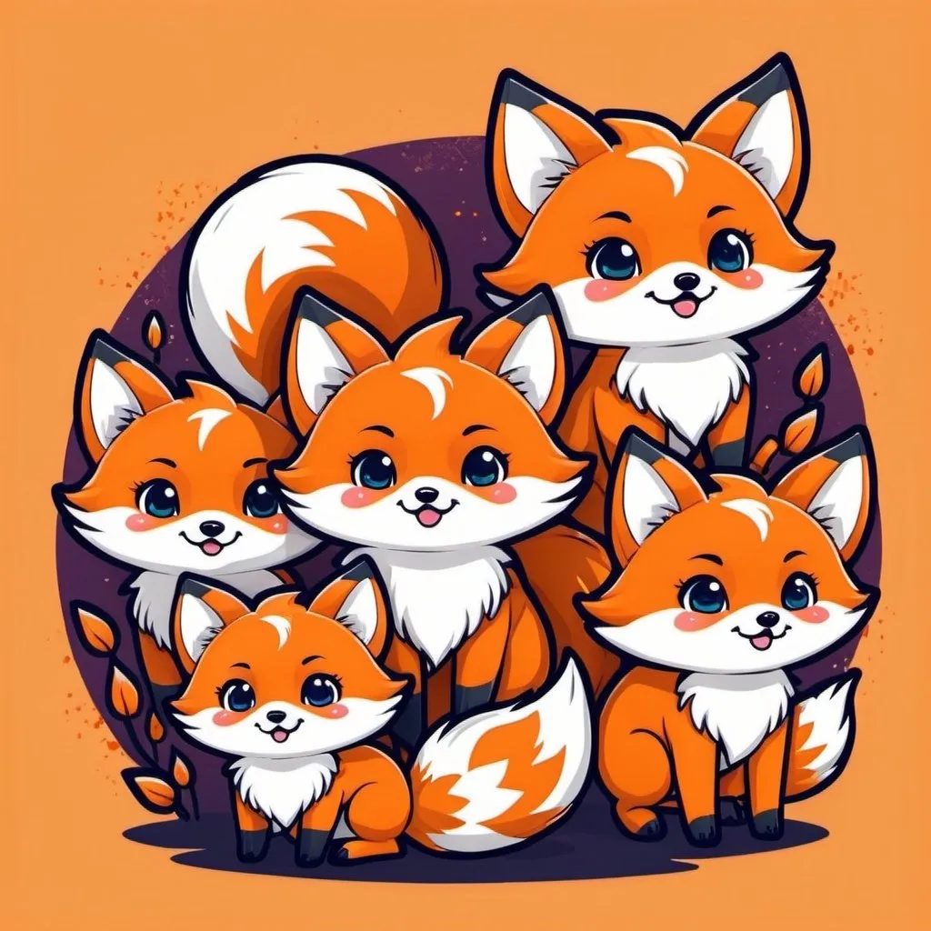 Prompt: Chibi kawaii cute cartoon illustration, orange outlines, cute many 9-tailed fox auction banner, saturated colors