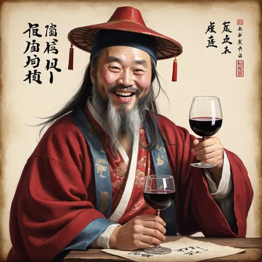 Prompt: A very realistic portrait of the chinese Poet Confucio with clothes, hat and oriental traces laughing a lot grabbing a big glass of red wine with a big boar in a hand where you se written "FUI EU N�O";  MUST BE A FUNNY IMAGE