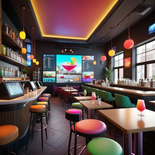 Prompt:  high quality, unreal engine,a cafe with AI, large windows and a bar with a variety of colorful cocktails,tables with electronical menu- screens 