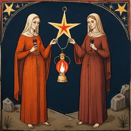 Prompt: Early medieval painting of two young women standing next to each other, holding a lit lantern containing a six-pointed star in one hand together, like the hermit in tarot, and each holding a glass of red wine with their other hands.