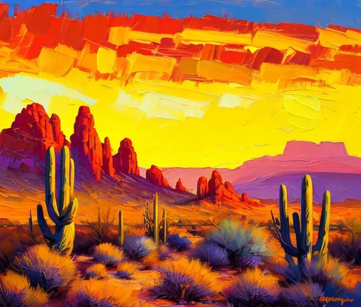 Prompt: Vibrant oil painting of a Mark Maggiori inspired Wild West landscape, rich textures and brushstrokes, warm earthy tones with pops of vibrant color, dusty desert plains with rugged mountains in the background, giant saguaro cactus in the midground, dramatic sunset warm golden light, high quality, oil painting, Wild West landscape, vibrant colors, dramatic sunset, textured brushstrokes, cowboy on a black horse as the center piece , desert plains, rugged mountains, warm earthy tones, professional, atmospheric lighting. 