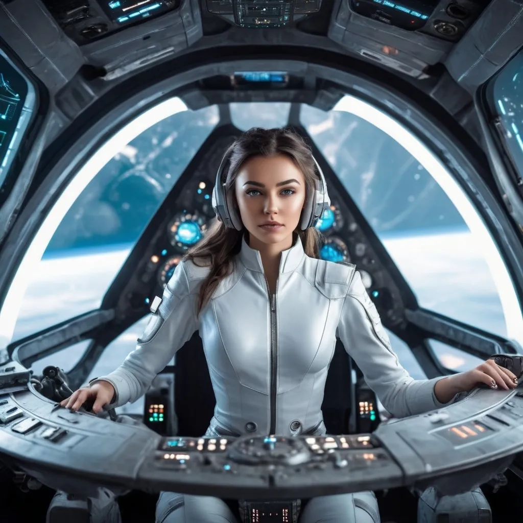 Prompt: A beautiful girl piloting a futuristic spaceship