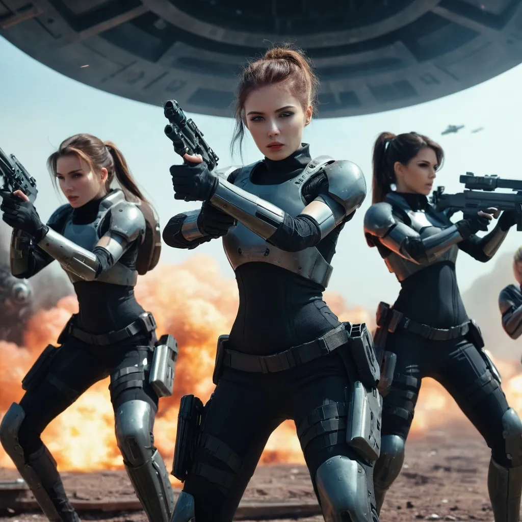 Prompt: A group of beautiful girls, sci-fi, in a gun battle, hd, 4k, wallpaper 