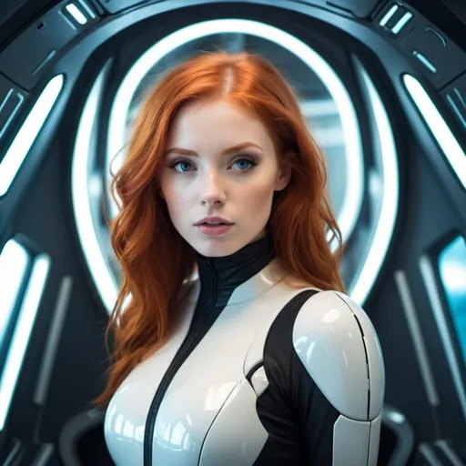 Prompt: A beautiful redhead girl in a futuristic spaceship