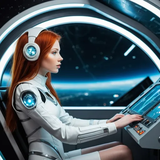 Prompt: A beautiful redhead girl piloting a futuristic spaceship, side view 