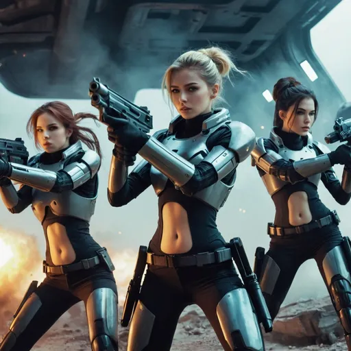 Prompt: A group of beautiful girls, sci-fi, in a gun battle, hd, 4k, wallpaper 