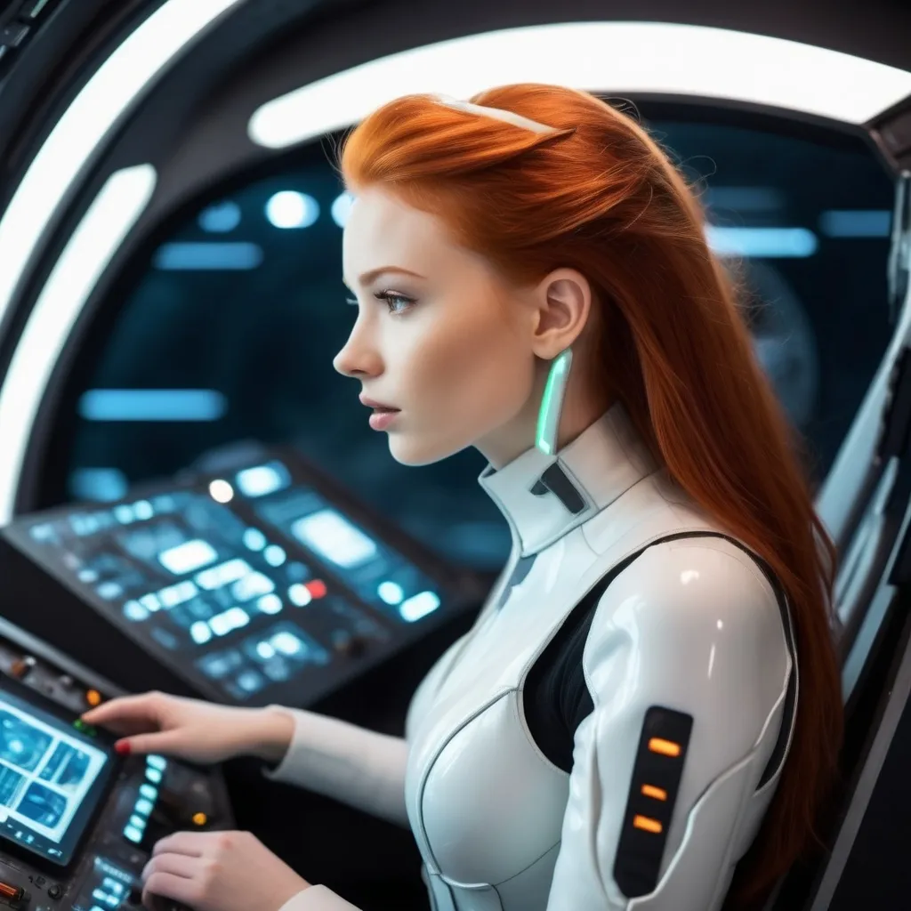 Prompt: A beautiful redhead girl piloting a futuristic spaceship, side view 