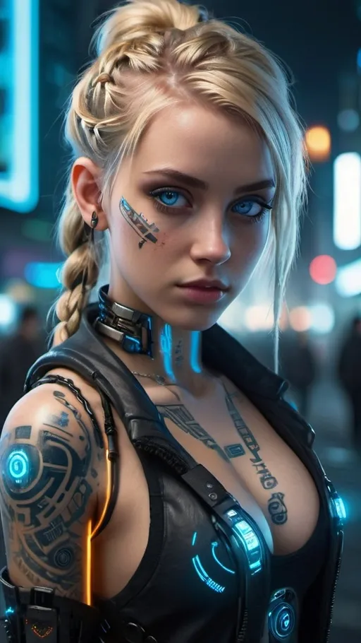 Prompt: Extremely detailed, highres, masterpiece of a beautiful girl, full body portrait, realistic, cyberpunk, beautiful detailed blue eyes, cinematic lighting, facial tattoos, blonde braided hair, cybernetic enhancements, futuristic cityscape, professional, detailed, cyberpunk, realistic, atmospheric lighting, futuristic, detailed eyes, blonde hair, full body portrait