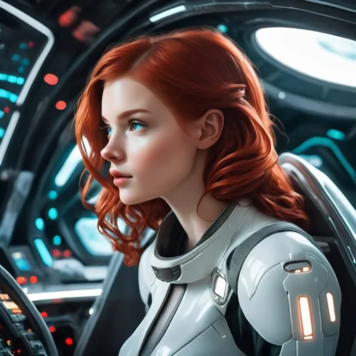 Prompt: A beautiful redhead girl piloting a futuristic spaceship, side view 