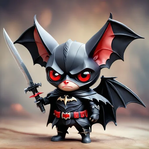 Prompt: A cute bat wearing dark ranger outfit with a shooting bow on its back, a dagger on its belt and red eyes. It should look mysterious and have a mask over the lower part of its face , Picasso style,