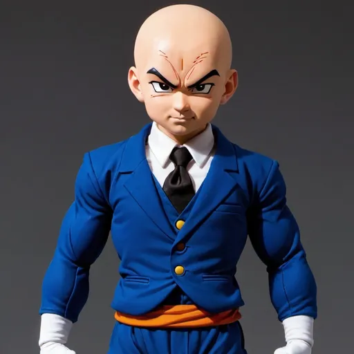 Prompt: Krillin ( from dragonball serie)  with a dark blue suit dressed