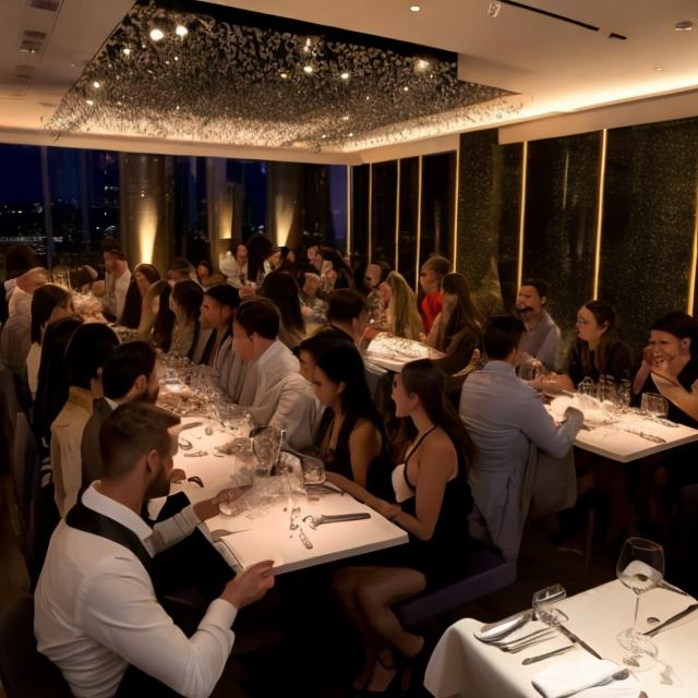 Prompt: A crowded speed dating event in a high end restaurant 