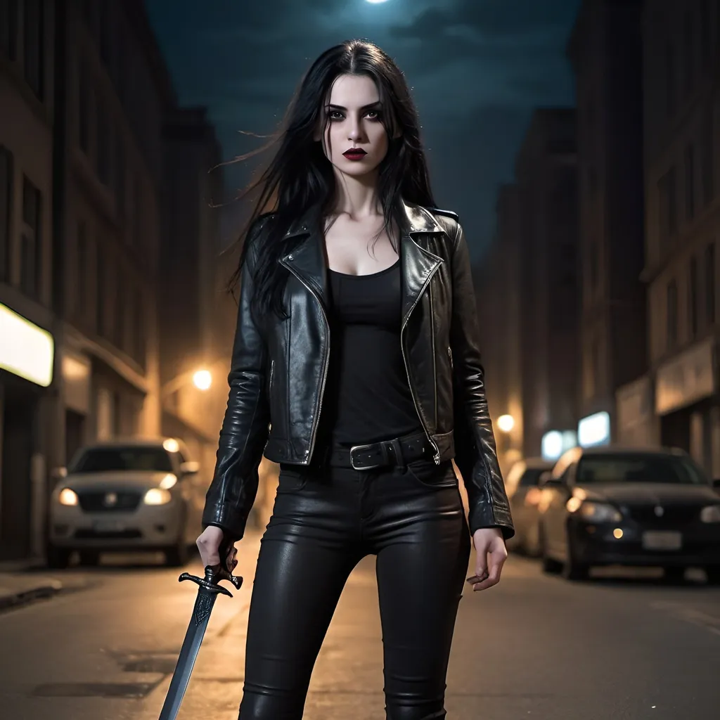 Prompt: Tall young woman standing still. She has a long black hair wearing street clothes, and long leather jacket. She is on a street in the night. Her skin is pale like a vampire. Full bodey image. She has a sword on her left side.