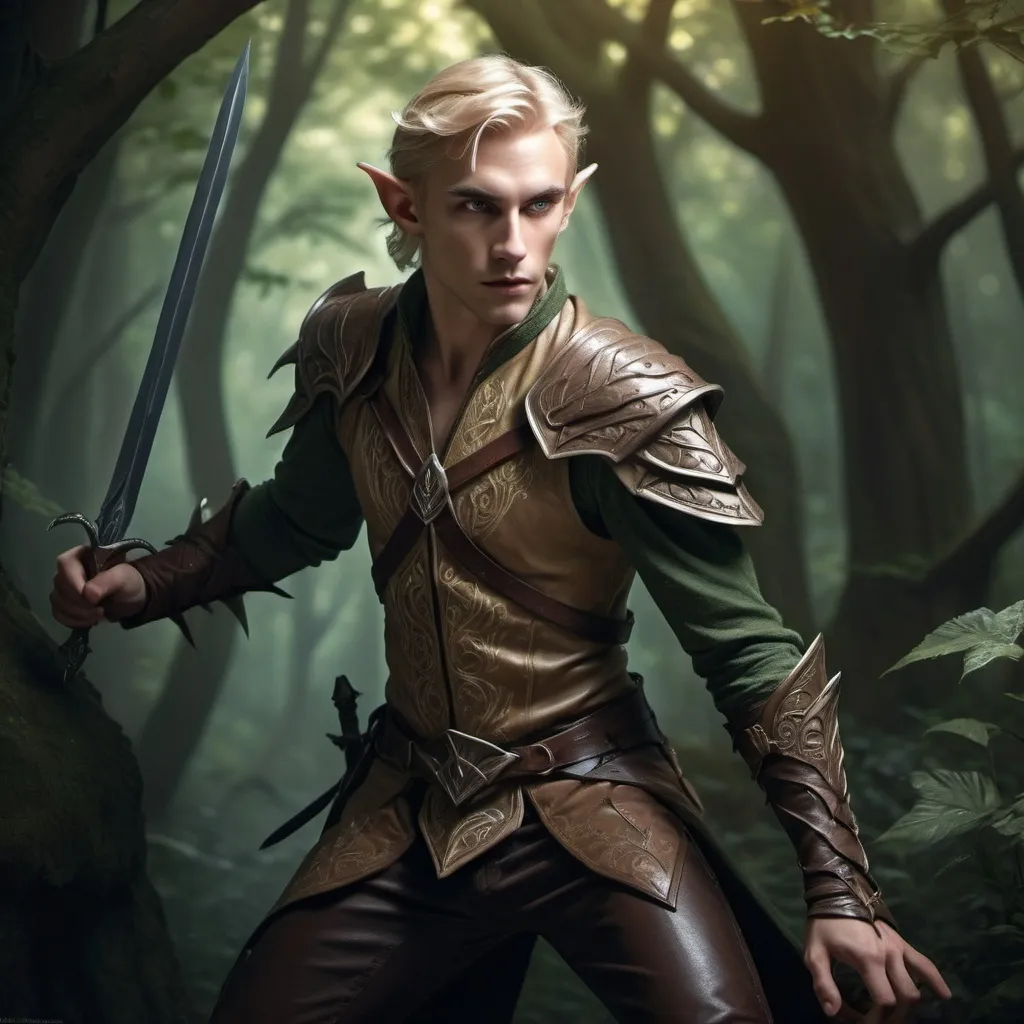 Prompt: (skinny male blond half-elf with daggers), (dynamic pose), intense facial expression, intricate ear details, detailed leather armor, subtle magical aura, dramatic lighting casting deep shadows, intriguing fantasy background, lush forest with mystical elements, high quality, ultra-detailed, captivating atmosphere, adventure-ready vibe, emphasis on agility and stealth.