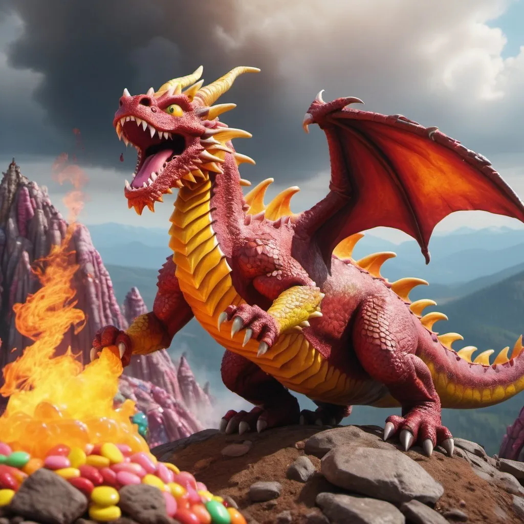 Prompt: A ferocious fire dragon climbing Candy Mountain, rustic style, high quality, 4K
