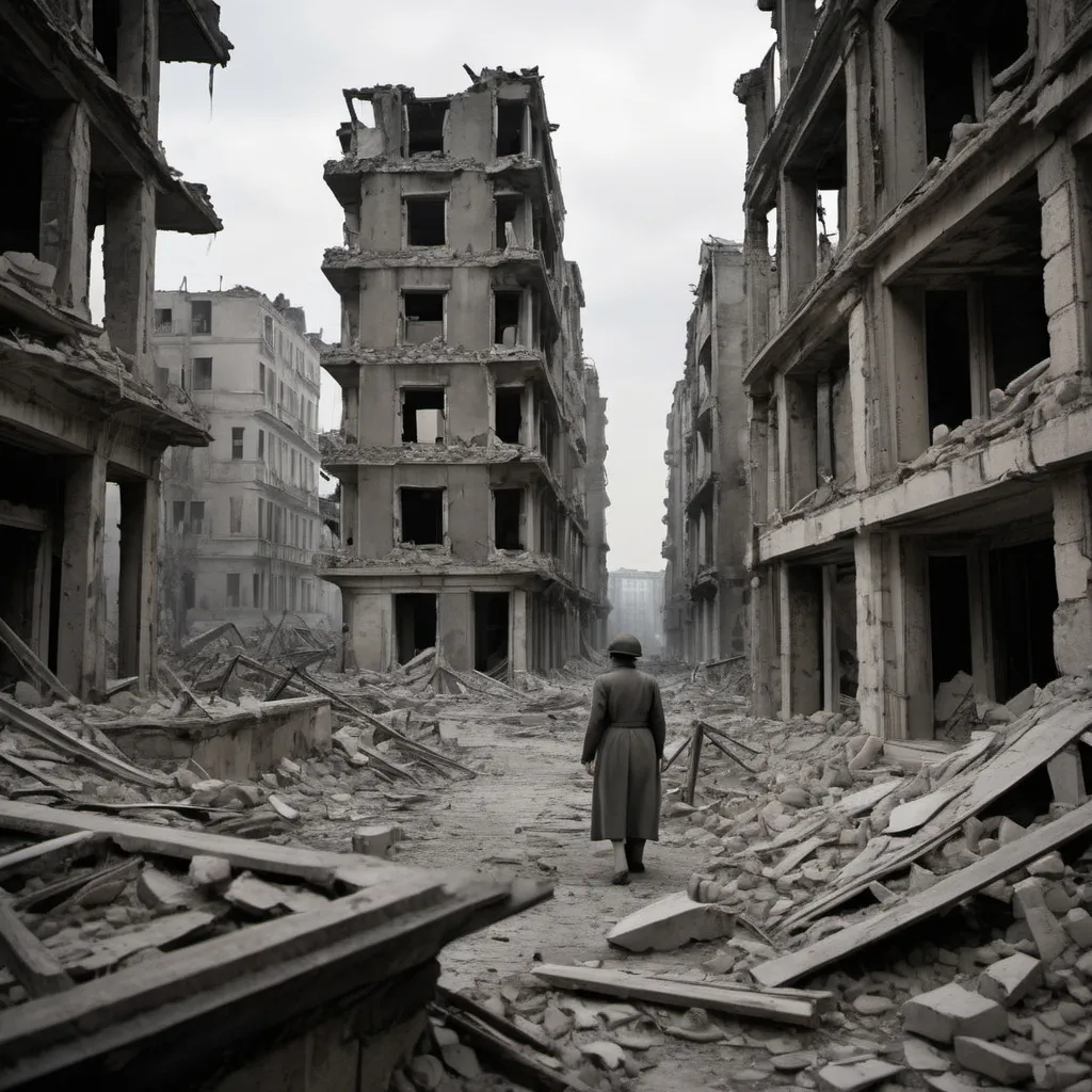 Prompt: In the aftermath of World War II, nations lay devastated. Cities reduced to rubble, lives lost, families torn apart. Scars of conflict etched deep, haunting memories linger. Amidst the ruins, hope flickers faintly, a reminder of resilience amidst the desolation wrought by war's relentless fury.
