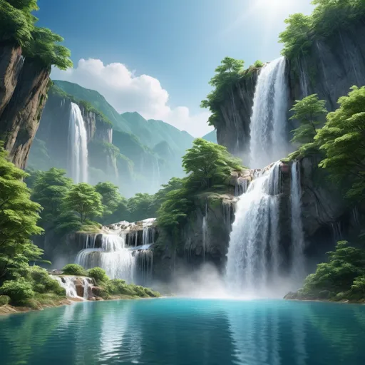 Prompt: Natural mountain water and waterfalls with bright landscape backgrounds, professional photography, high-end, photorealistic rendering, HD, detailed reflections, professional photography, and high quality.