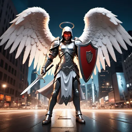 Prompt: Technological killing angel with knives and shield, bright landscape background, professional photography, high-end, photorealistic rendering, HD, luxury, cinematic, modern, stylish design, detailed reflections, professional photography, vibrant city lights, high quality, photorealistic rendering .