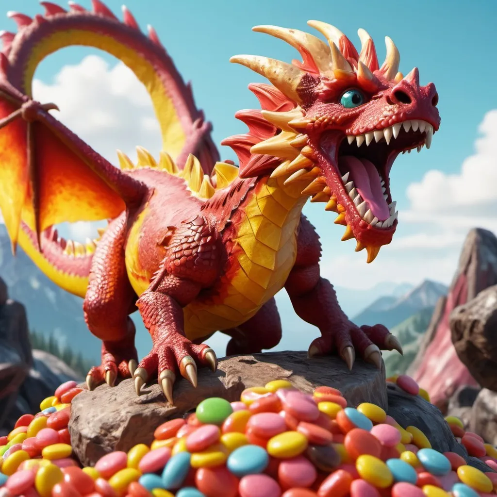 Prompt: A ferocious fire dragon climbing Candy Mountain, rustic style, high quality, 4K
