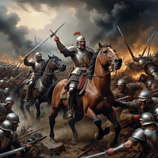Prompt: Epic oil painting of a fierce battle scene, realistic armor and weaponry, war-torn landscape, high definition, classical art, dark and intense tones, dramatic lighting, detailed facial expressions, historical war, chaotic battlefield, dynamic composition, high quality