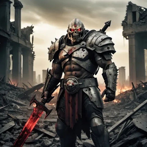 Prompt: As doomsday arrives, amidst the ruins stands a lone warrior, their armor stained with blood, reflecting the fading sunlight. Gripping a broken sword, their gaze remains resolute. Surrounding them, debris piles up, and a toxic haze fills the air. They are the last resistor, determined not to succumb to the darkness of the apocalypse.
