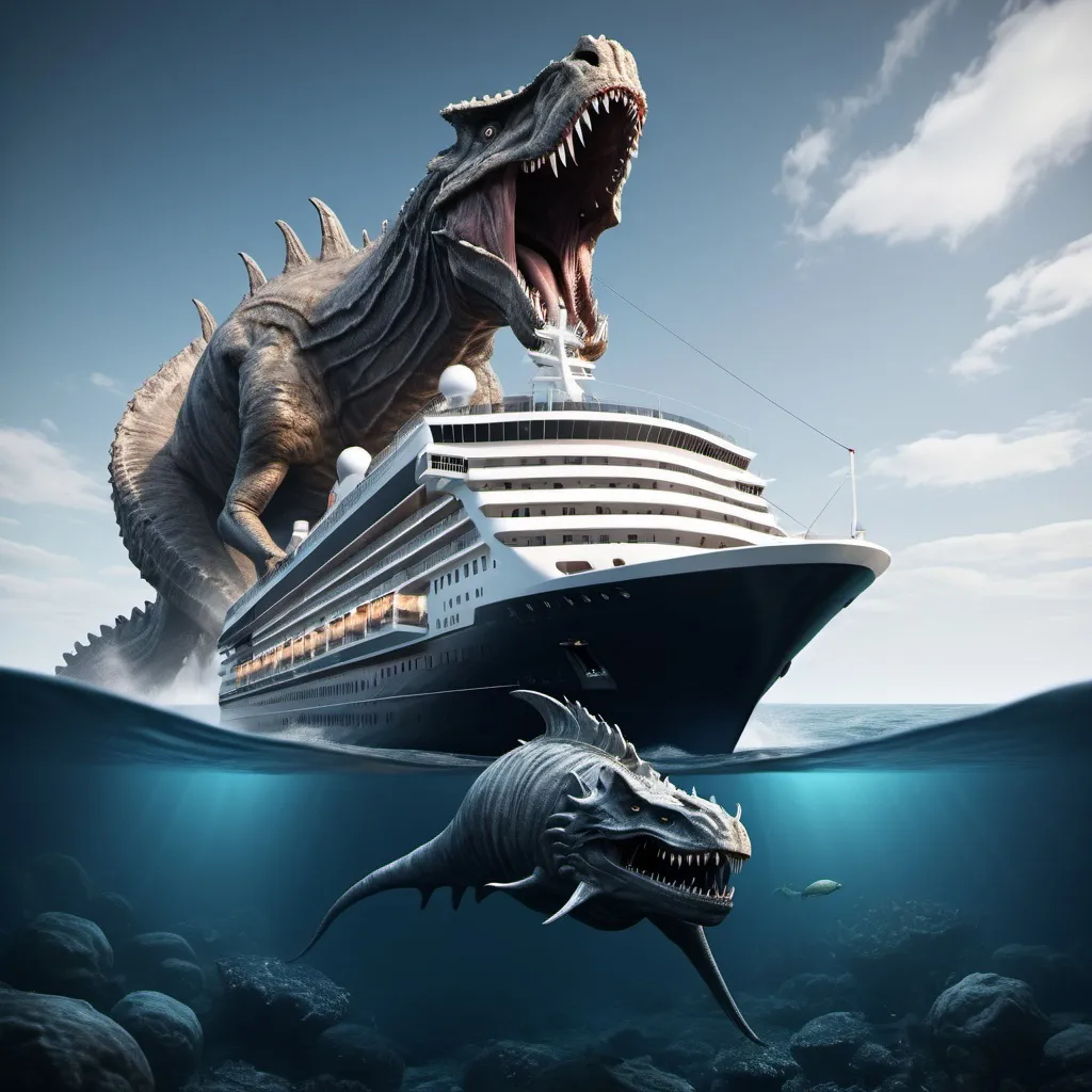 Prompt: A luxury cruise ship encounters a huge prehistoric ocean beast in the deep sea, professional photography, high-end, photorealistic rendering, HD, luxury, cinematic, modern, stylish design, detailed reflections, professional photography, high quality, photorealistic rendering.