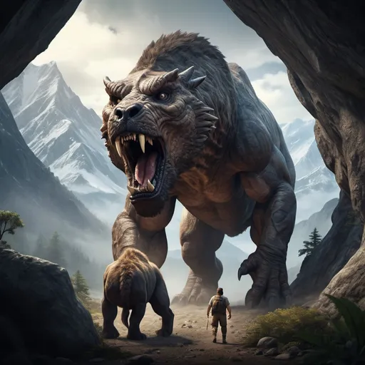 Prompt: An explorer encounters a ferocious prehistoric beast in the mountains. three-dimensional sense, dark light, high definition, realism