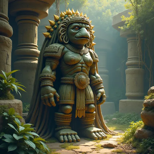 Prompt: (stone golem aztec woman), (ancient ruins), (intricate stone carvings), mystical aura, (soft illuminated light), (vibrant earth tones), fierce expression, (detailed textures), ancient artifacts around, (highly detailed), (fantasy), roots intertwining with stone, foreground of lush greenery, (epic landscape), capturing the essence of Aztec mythology.