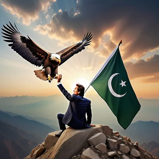 Prompt: Imran khan standing on a mountain seeing towards rising sun and the Pakistani flag in his right hand and big Eagles flying in sky and sitting at mountain and shoulder of imran khan