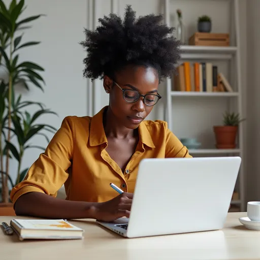 Prompt: a black woman sketching on her laptop