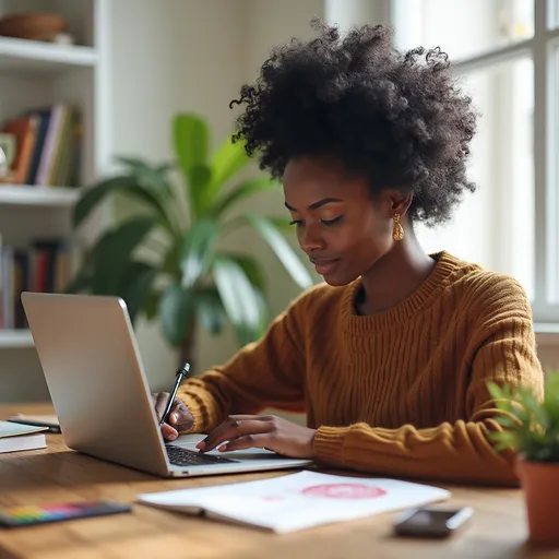 Prompt: a black woman sketching on her laptop