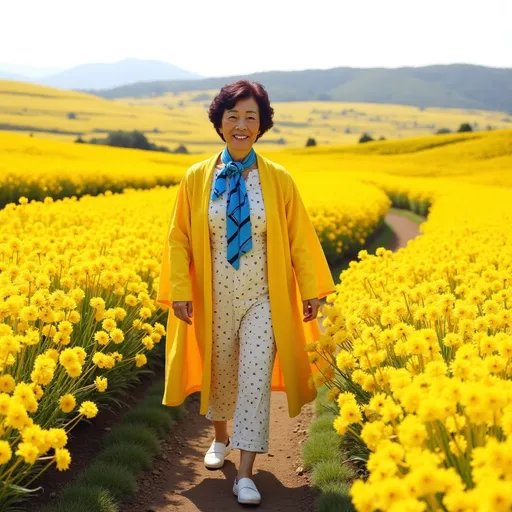 Prompt: @2saIdrNjj09G304kh3Fr I'm walking around Jeju Island, which is full of rapeseed flowers, wearing a bright yellow one-piece dress.