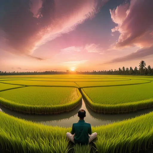 Prompt: A panoramic view of a lush, emerald rice field bathed in the warm hues of sunset. Delicate, feathery clouds drift across a canvas of gold and pink as the sun, a perfect sphere, dips below the horizon. In the foreground, a lone man is seated, his back to the viewer, offering a contemplative counterpoint to the vast expanse of nature.