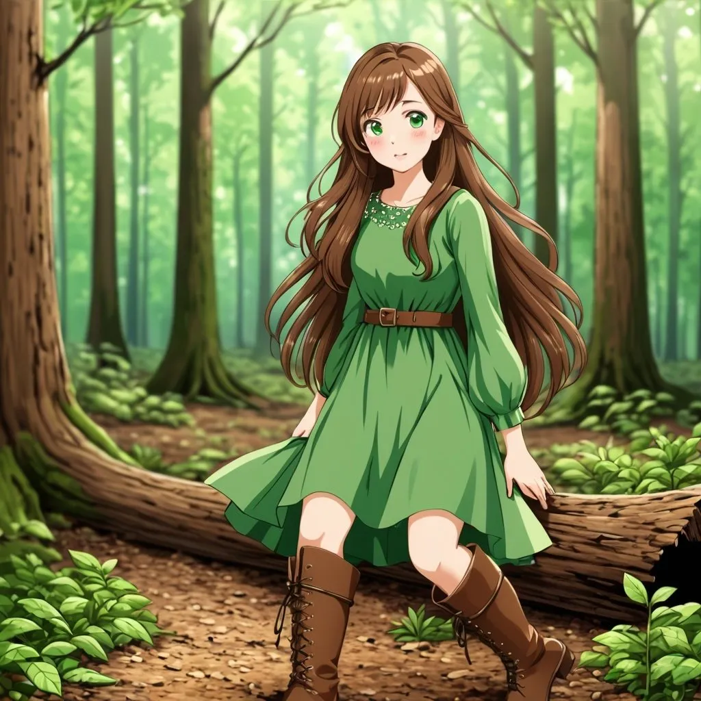 Pretty girl long brown hair green dress and boots in...