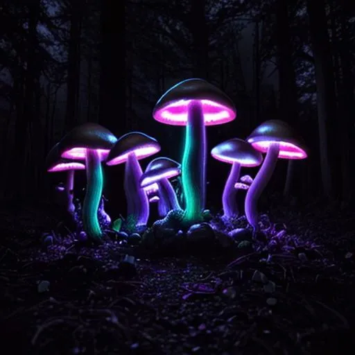 Prompt: Bunch of neon mushrooms in a dark spooky forest at night 