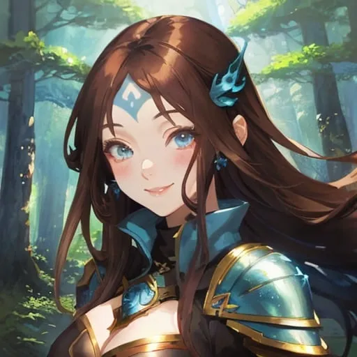 Prompt: Beautiful avatar portrait anime fantasy warrior woman smiling brown hair blue eyes, forest background 