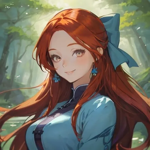 Prompt: Beautiful avatar portrait anime woman smiling auburn hair bows hazel eyes blue top by forest