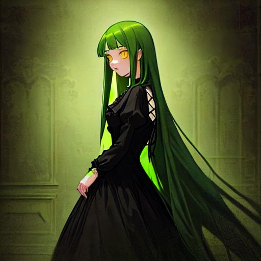Prompt: beautiful girl with long green hair, yellow cat eyes, black Victorian clothes, haunted house background