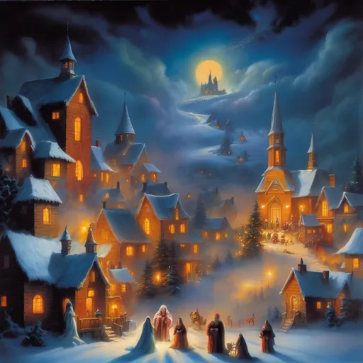 Prompt: A Christmas village at night with ghosts in the sky, fantasy, style of Boris Vallejo, Renaissance, warm colours, ominous   