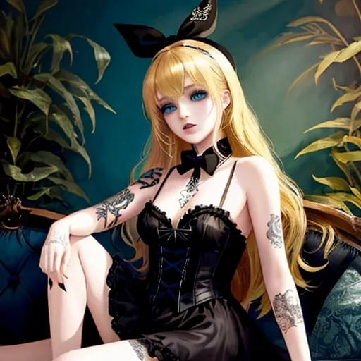 Prompt: Beautiful blonde goth Alice in Wonderland with tattoos on her arms, in a Wonderland woods background 