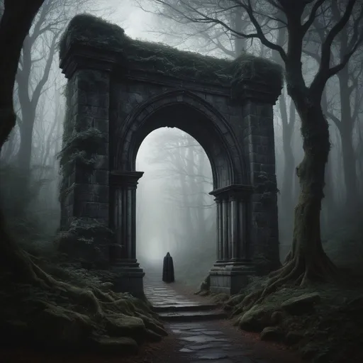 Prompt: Dark fantasy, mysterious, stone archway in creepy forest, Edmund Leighton style, Caspar David Friedrich style, detailed, atmospheric lighting, highres, dark tones, haunting, ominous, eerie, medieval, gothic, tall tower, dense foliage, misty, evocative, sinister, surreal, high-quality rendering
