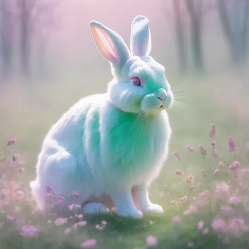 Prompt: Ghost semi transparent bunny in a Spring meadow, mysterious, pastel colours, beautiful 