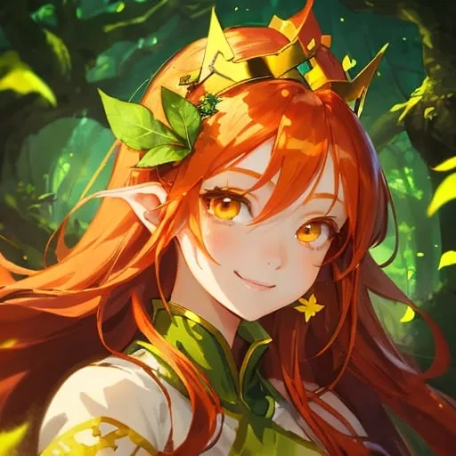 Prompt: Beautiful avatar portrait anime fantasy princess smiling ginger hair leaves crown amber eyes, forest background 