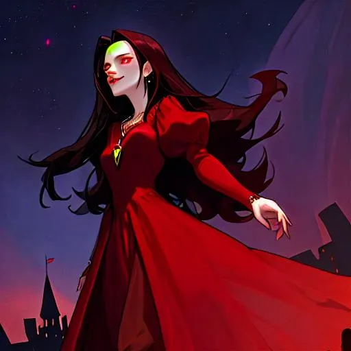 Prompt: A vampire woman with dark hair, in Medieval dress, and red gems necklace, night sky, and castle background