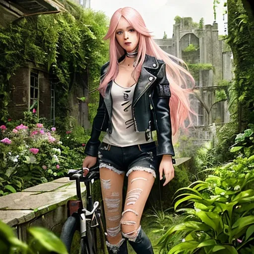 Prompt: Beautiful woman long pink hair, in ripped jeans, biker jacket and in an overgrown garden, distant ruined castle 